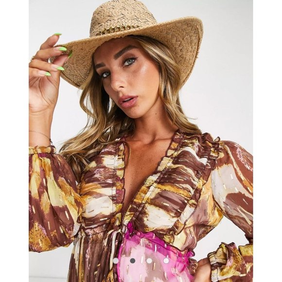 River Island Garden Party Gold Shimmer Pailettes Lined Midi Dress Size US 10 NWT - Picture 2 of 16